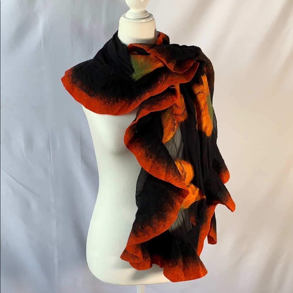 Handmade Black&Red Flower Silk and Wool Scarf